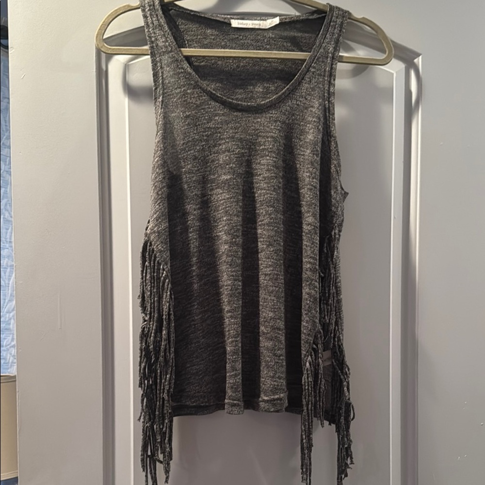 Women’s heather gray tank with fringe detail on side